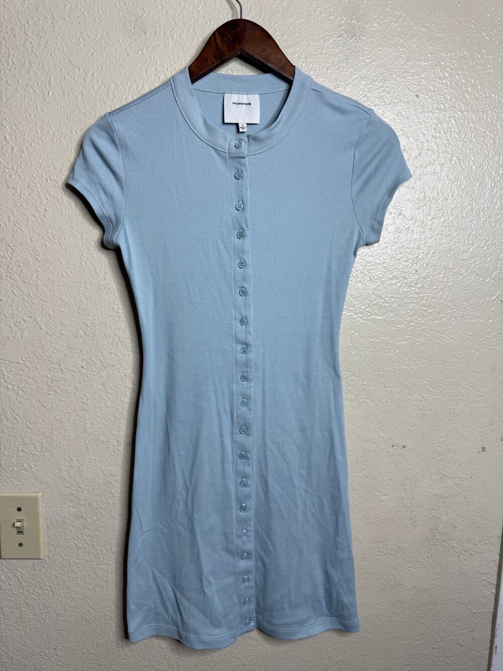 Reformation Raelynn Knit Mini Dress size S Light Blue Button Front Short Sleeve